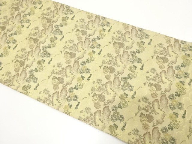 JAPANESE KIMONO / ANTIQUE MARU OBI / WOVEN CHRYSANTHEMUM / BAMBOO / CR